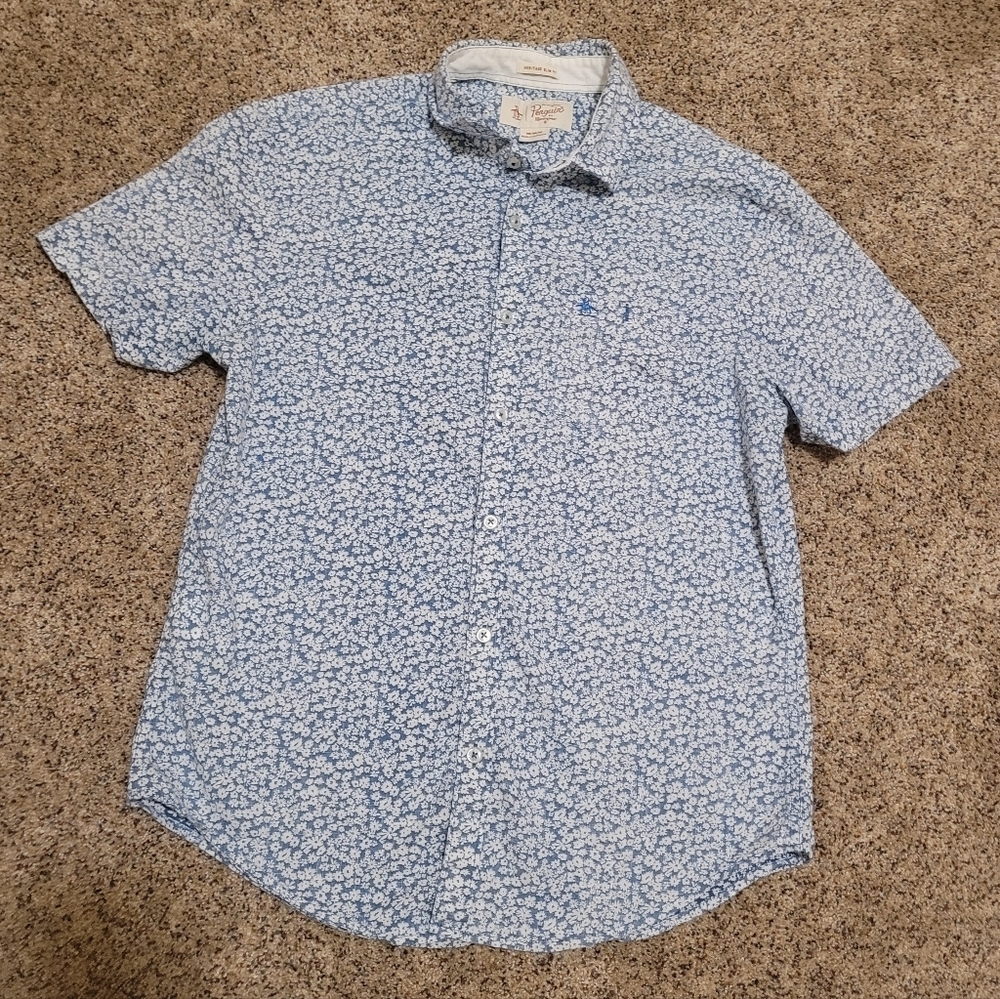 Original Penguin Mens Heritage Slim Fit Blue Button Up Cotton Shirt Size Medium